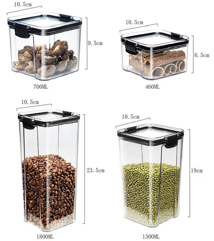 Four clear storage containers with black lids, filled with different items, showing measurements.