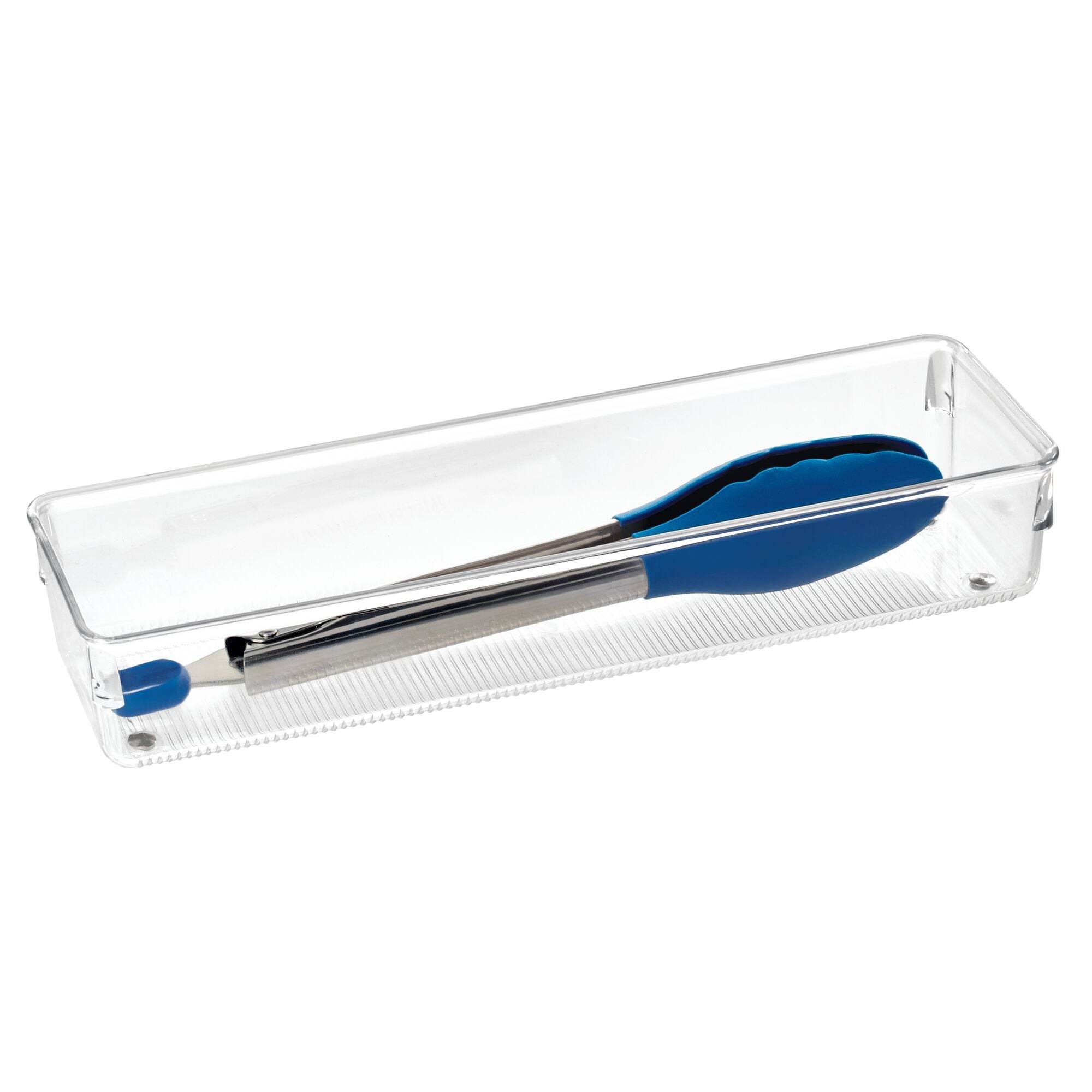 Clear plastic tray with blue-handled tongs on a white background