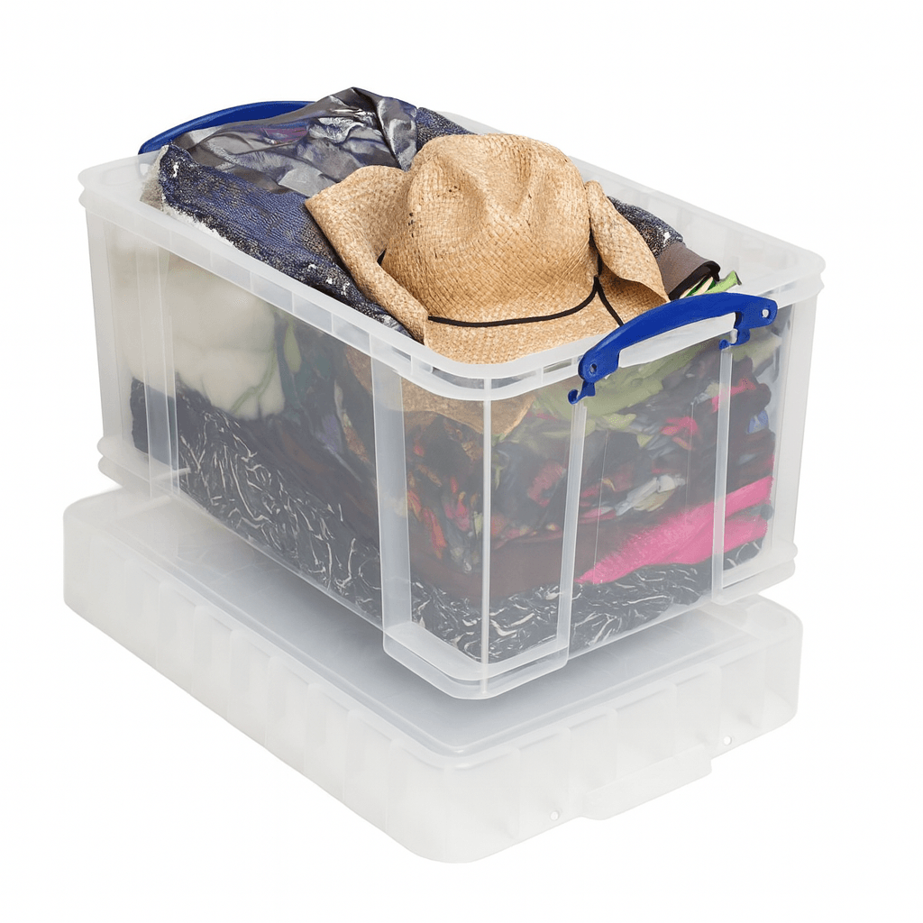 Really useful Box 48 Litre XL
Clear storage box with blue handles containing clothes and a hat on a white background