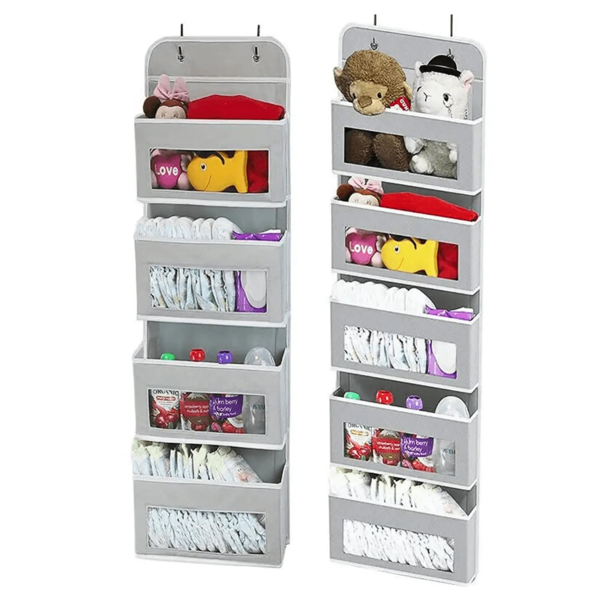 Two gray over-the-door organizers with toys and baby items on a white background