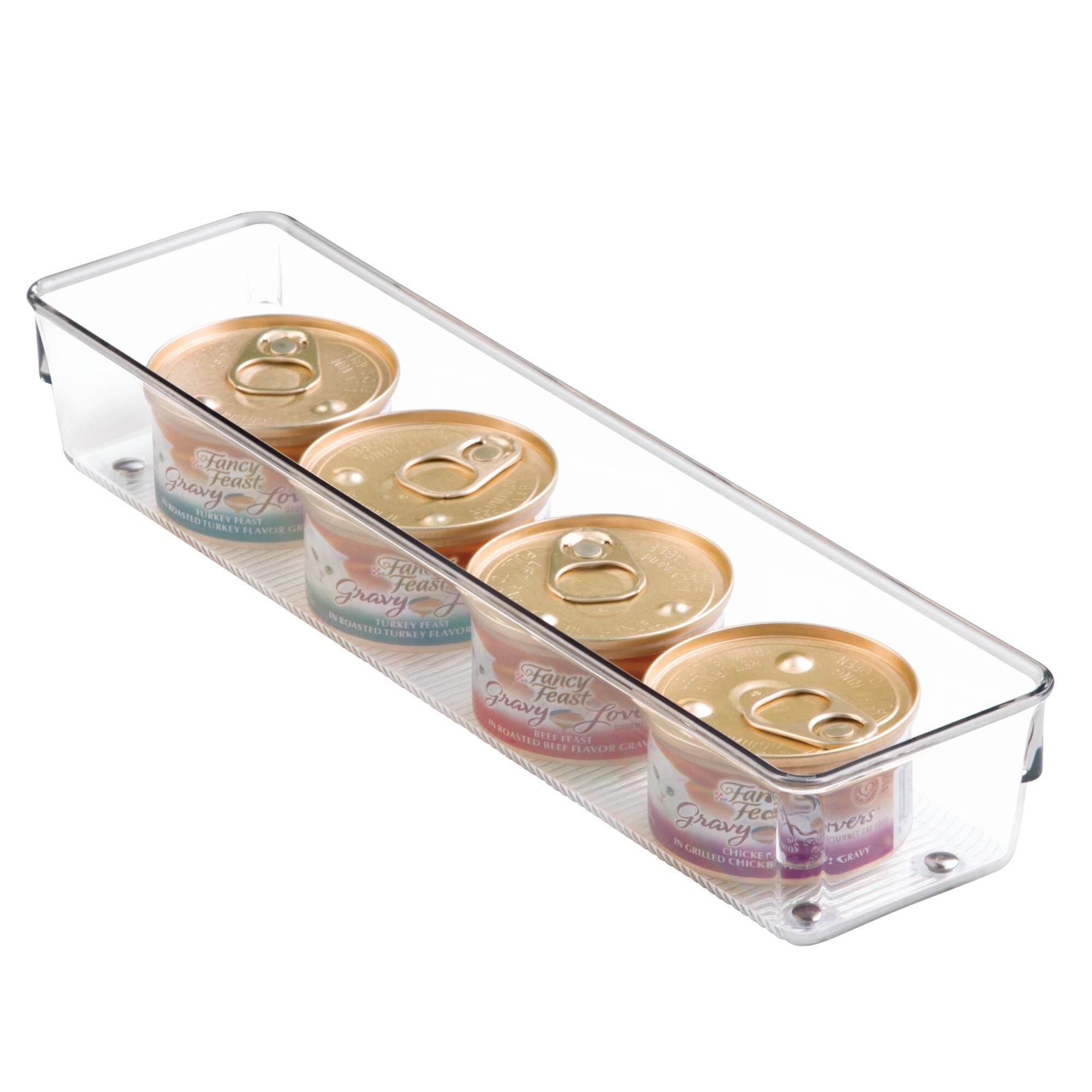 Clear plastic organizer with pet food cans inside on a white background