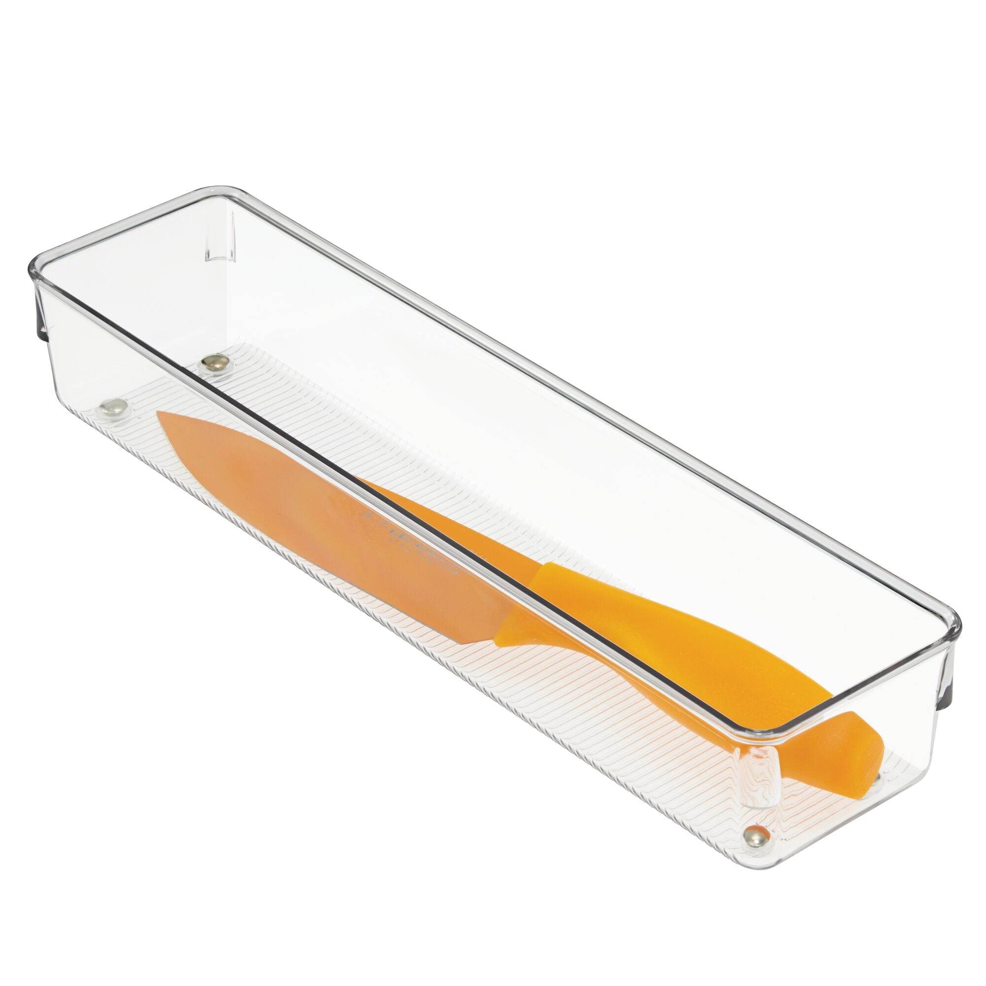 Clear plastic storage bin with orange knife inside on a white background