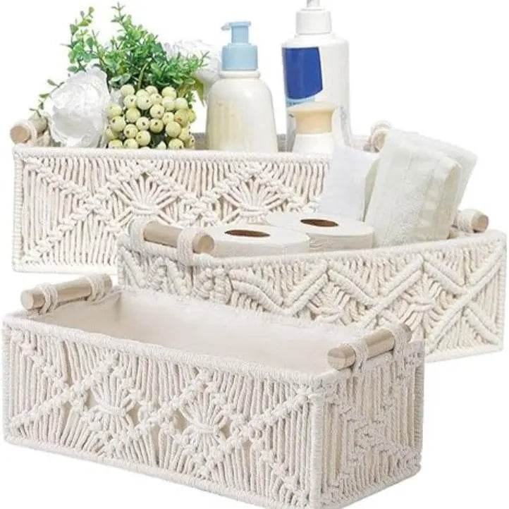 Set of 2 Macrame Storage Baskets – Woven Cotton Rope Organisers Storage Basket with Wooden Handles - FOUR CORNERS