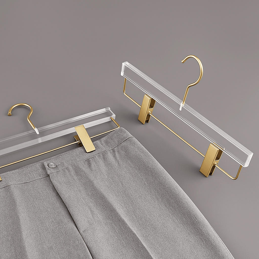 Clear Acrylic Skirt Hangers with Gold Clips – Elegant Clothes Hangers - FOUR CORNERS