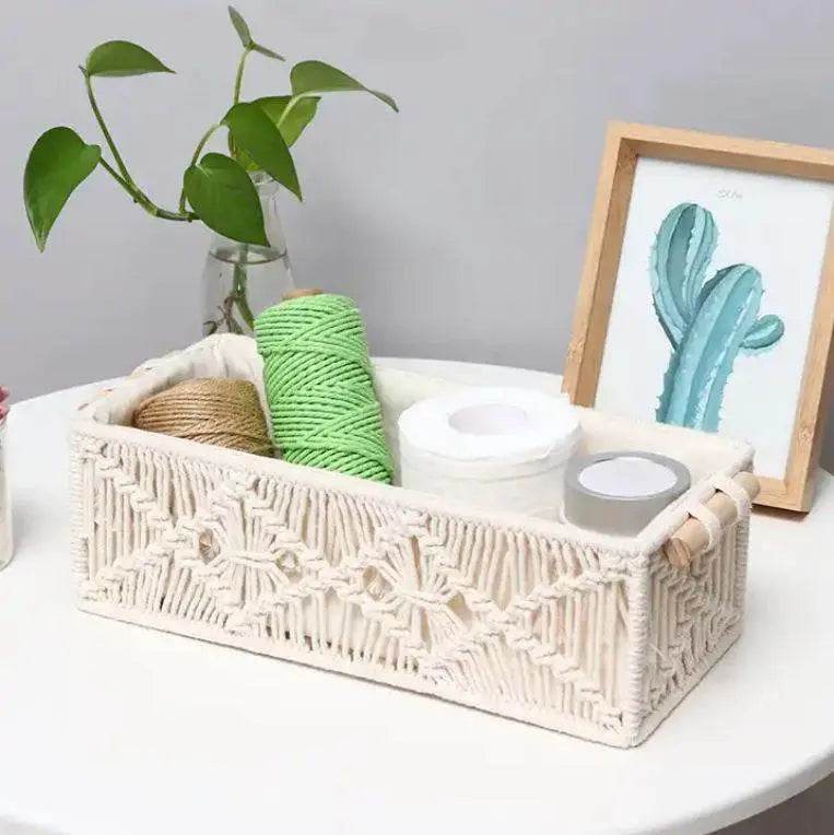 Set of 2 Macrame Storage Baskets – Woven Cotton Rope Organisers Storage Basket with Wooden Handles - FOUR CORNERS