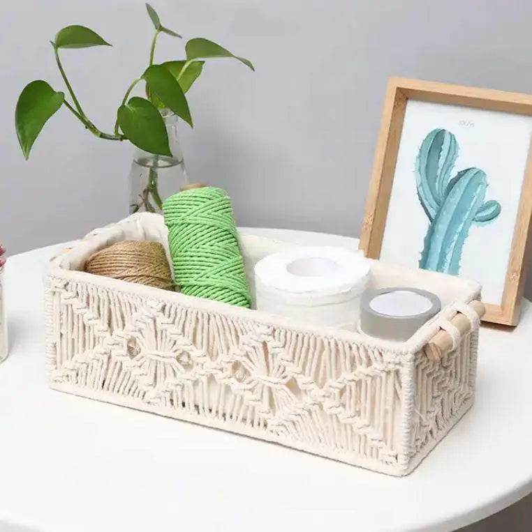 Set of 2 Macrame Storage Baskets – Woven Cotton Rope Organisers Storage Basket with Wooden Handles - FOUR CORNERS