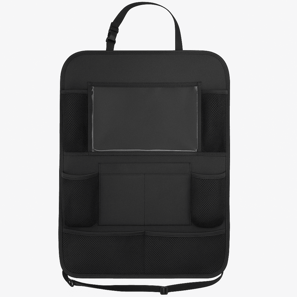 Black car seat organizer with multiple pockets on a white background