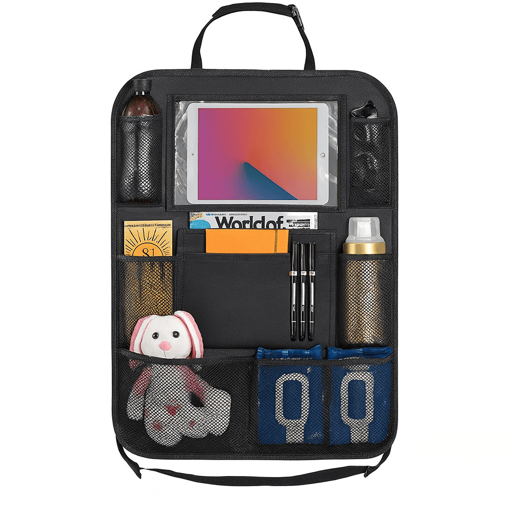 Black car organizer with various items in compartments on a white background