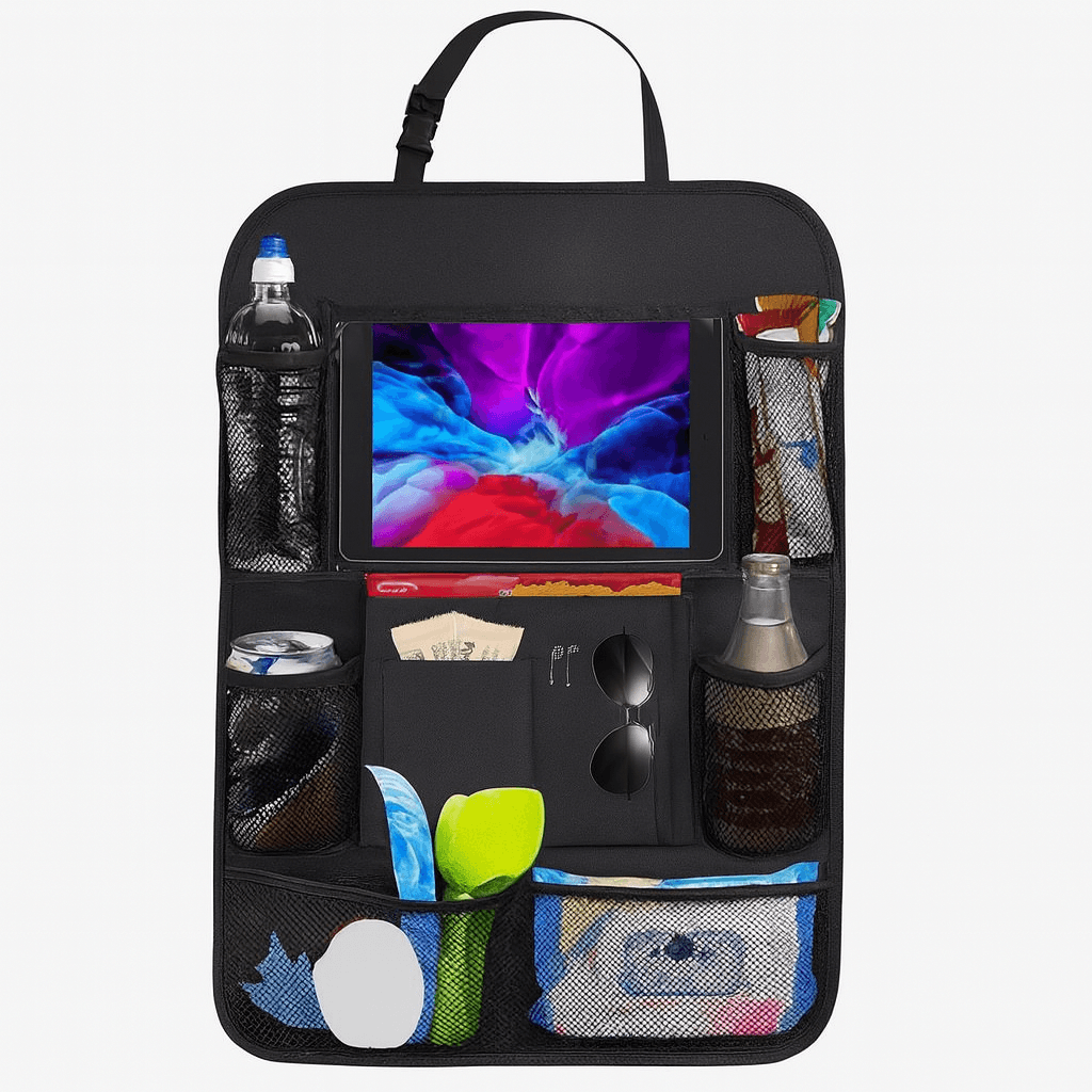 Black car seat organizer with various items in its pockets on a white background