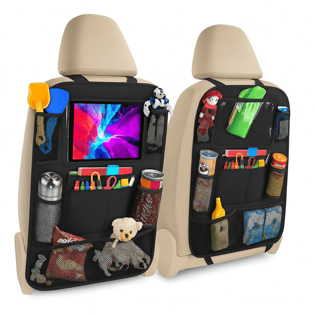 Two car seat back organizers with various items on a white background