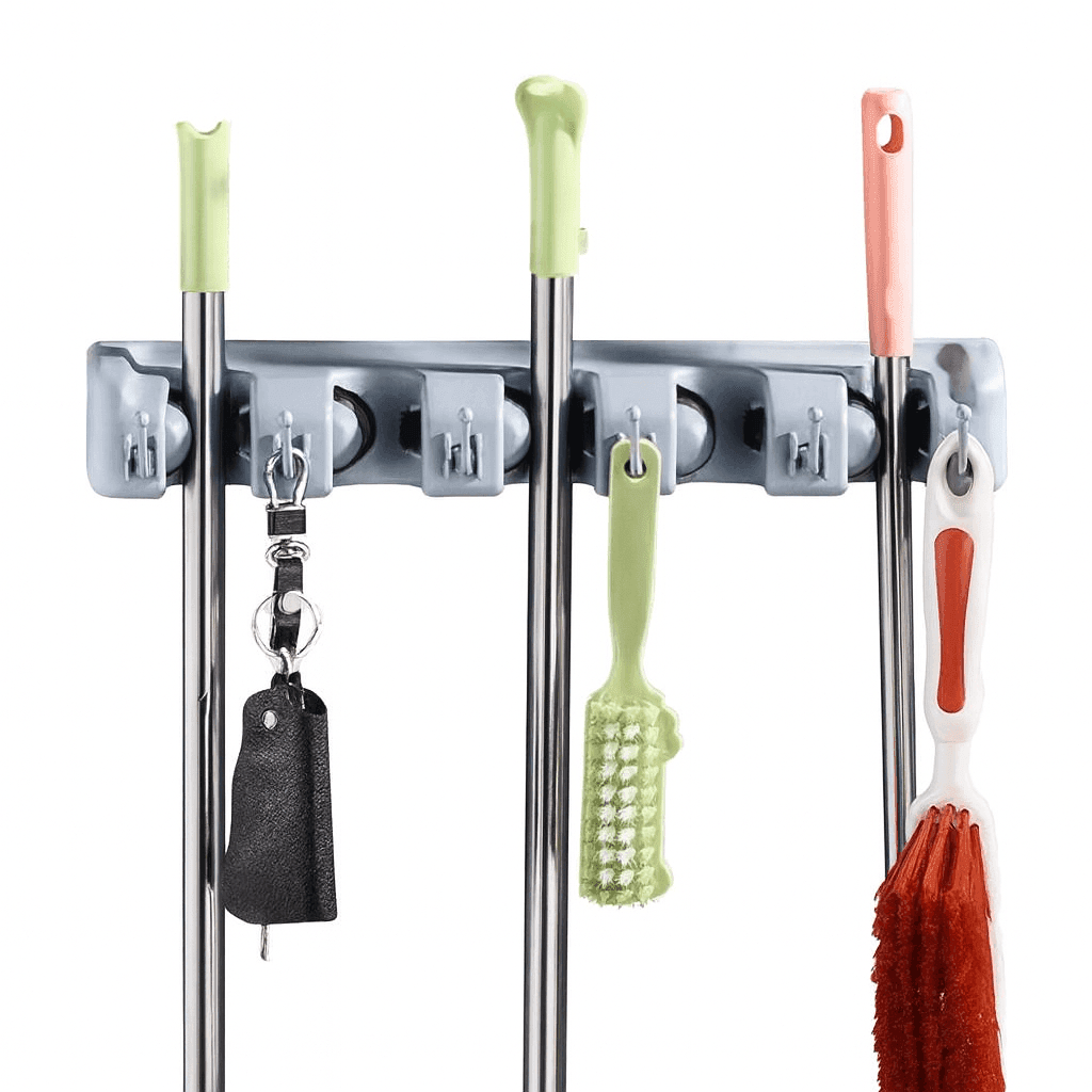 Wall Mounted Mop and Broom Holder with Hooks - FOUR CORNERS