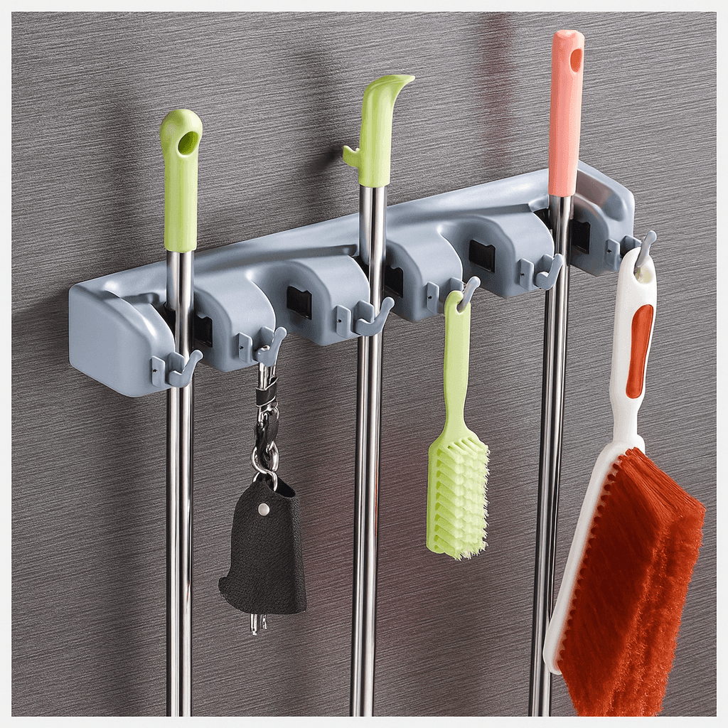 Wall Mounted Mop and Broom Holder with Hooks - FOUR CORNERS
