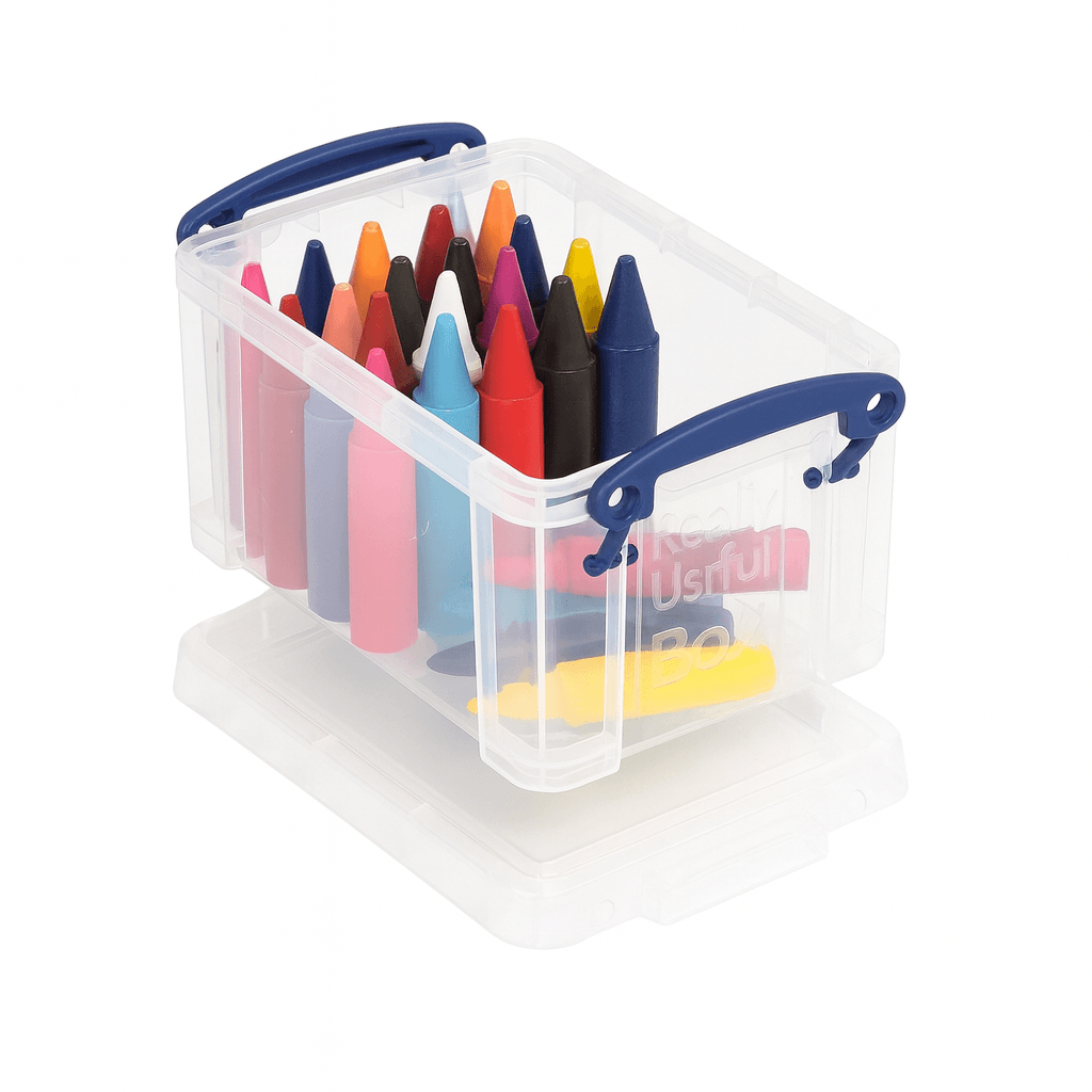 Really Useful Box Clear container with colorful crayons on a white background
