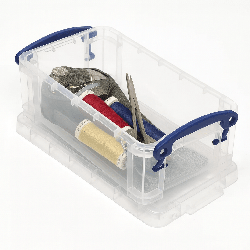 Clear storage box with blue handles containing sewing tools on a white background