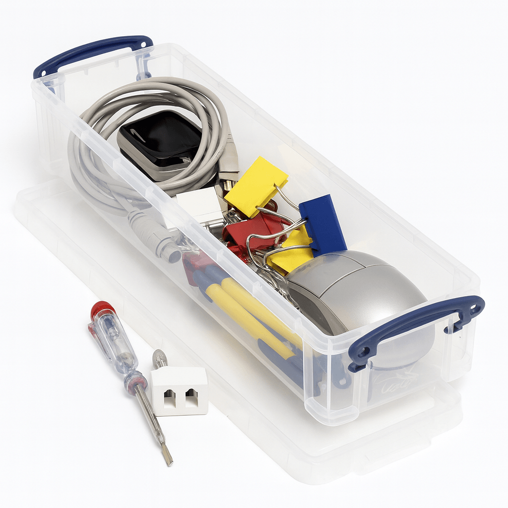 Clear storage box with office supplies including a mouse, cables, and clips on a white background
