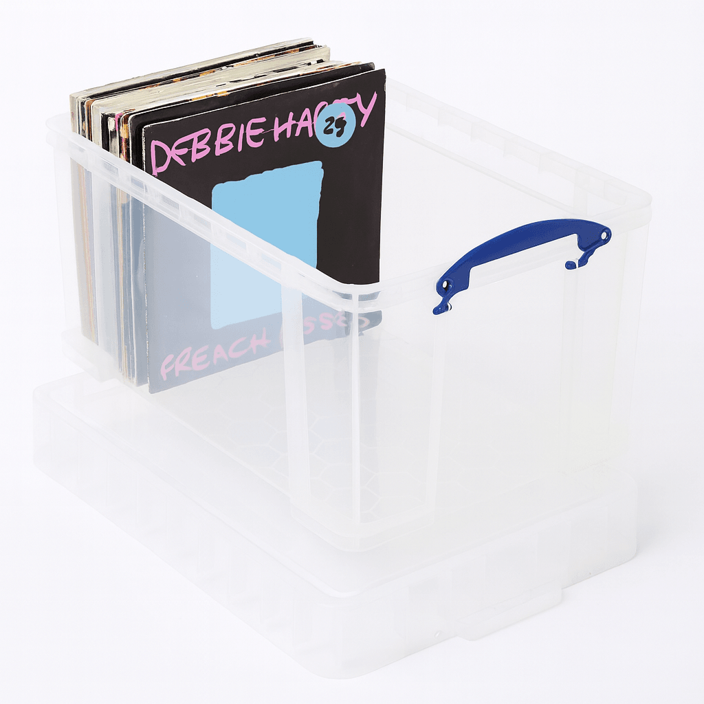 Really Useful Box 48 Litre Collection of vinyl records with a clear holder on a white background