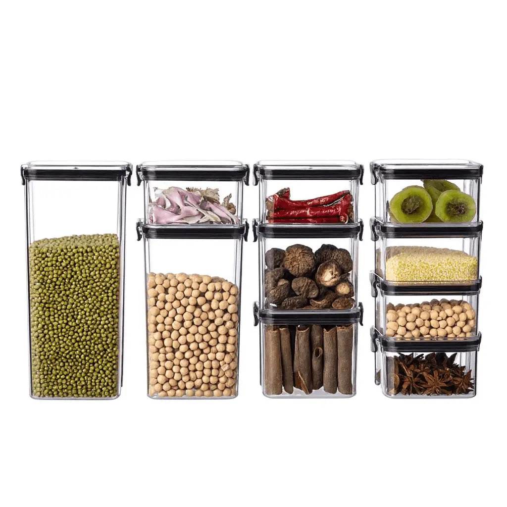 Stackable Airtight Food Storage Containers – Black Lids – Clear Plastic - FOUR CORNERS