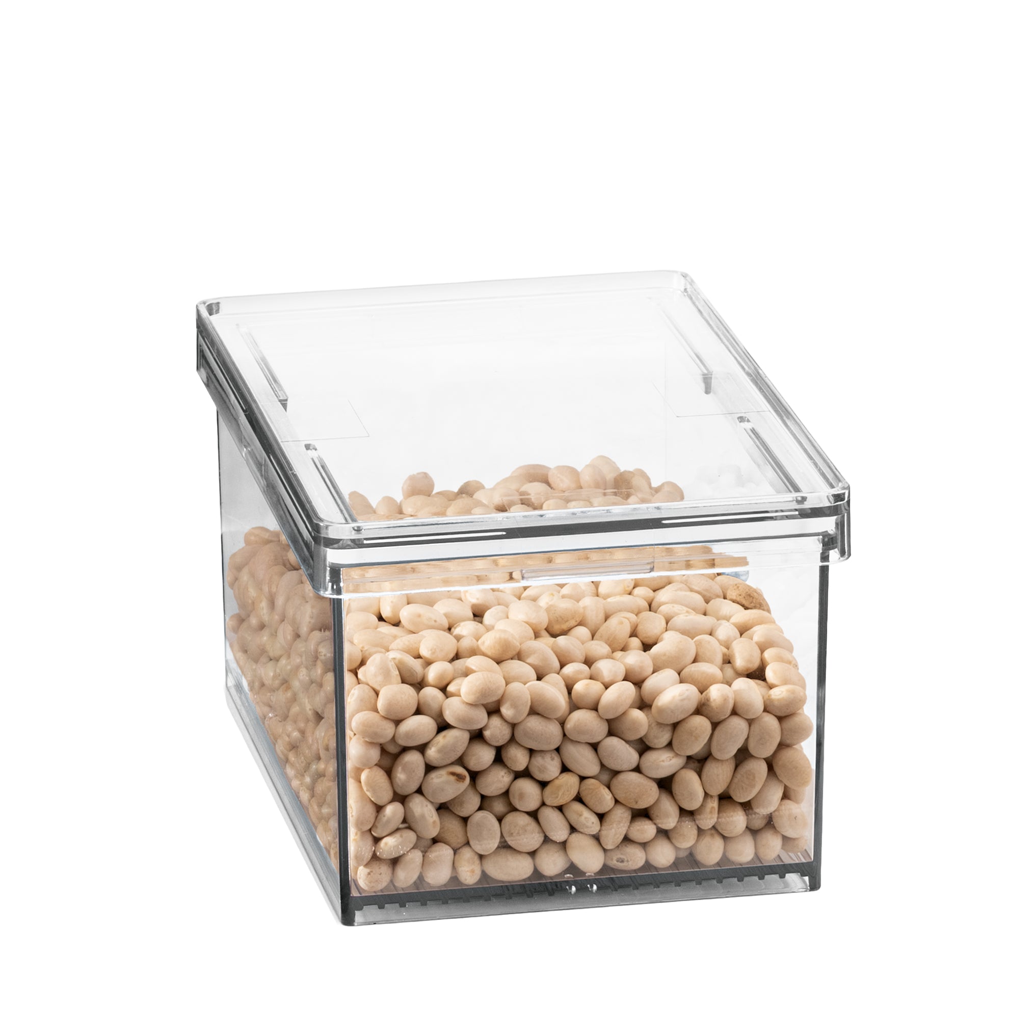 Clear airtight food container filled with beans on a white background