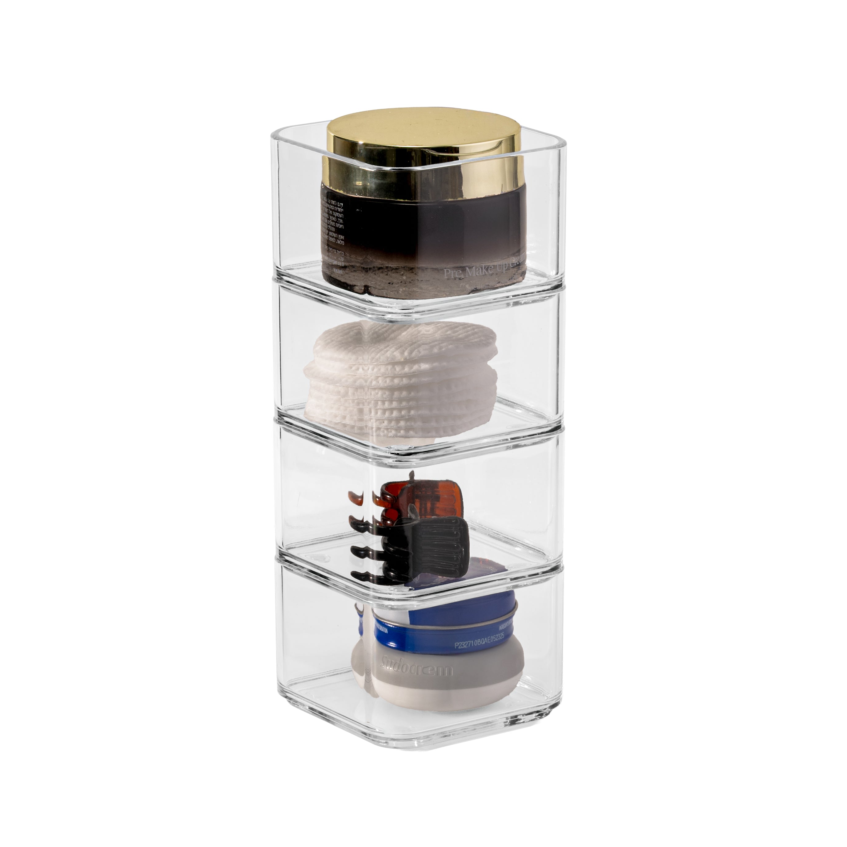 Clear plastic organizer with stacked cylindrical containers on a white background
