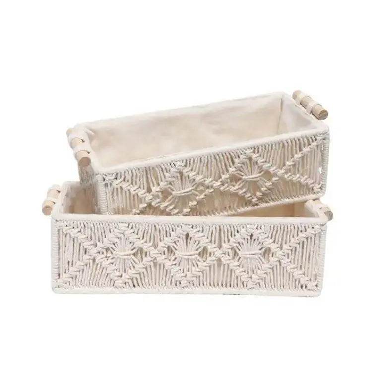 Set of 2 Macrame Storage Baskets – Woven Cotton Rope Organisers Storage Basket with Wooden Handles - FOUR CORNERS
