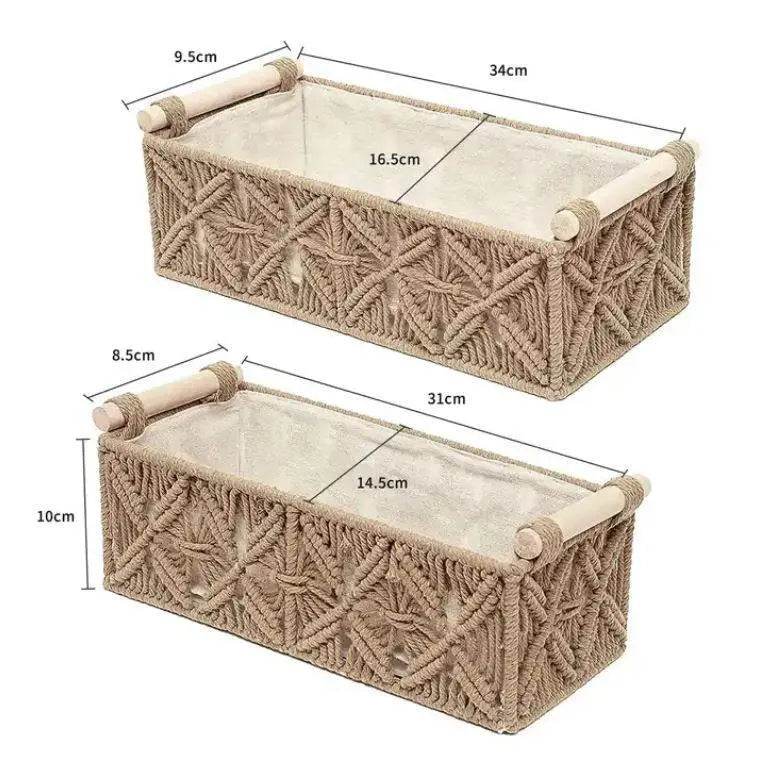 Set of 2 Macrame Storage Baskets – Woven Cotton Rope Organisers Storage Basket with Wooden Handles - FOUR CORNERS