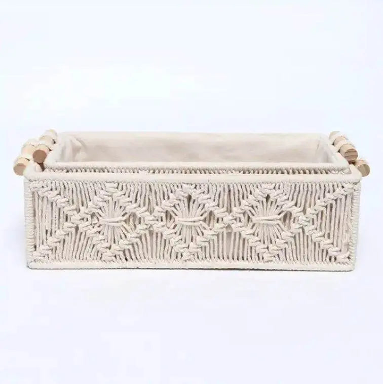 Set of 2 Macrame Storage Baskets – Woven Cotton Rope Organisers Storage Basket with Wooden Handles