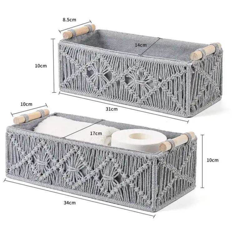 Set of 2 Macrame Storage Baskets – Woven Cotton Rope Organisers Storage Basket with Wooden Handles - FOUR CORNERS