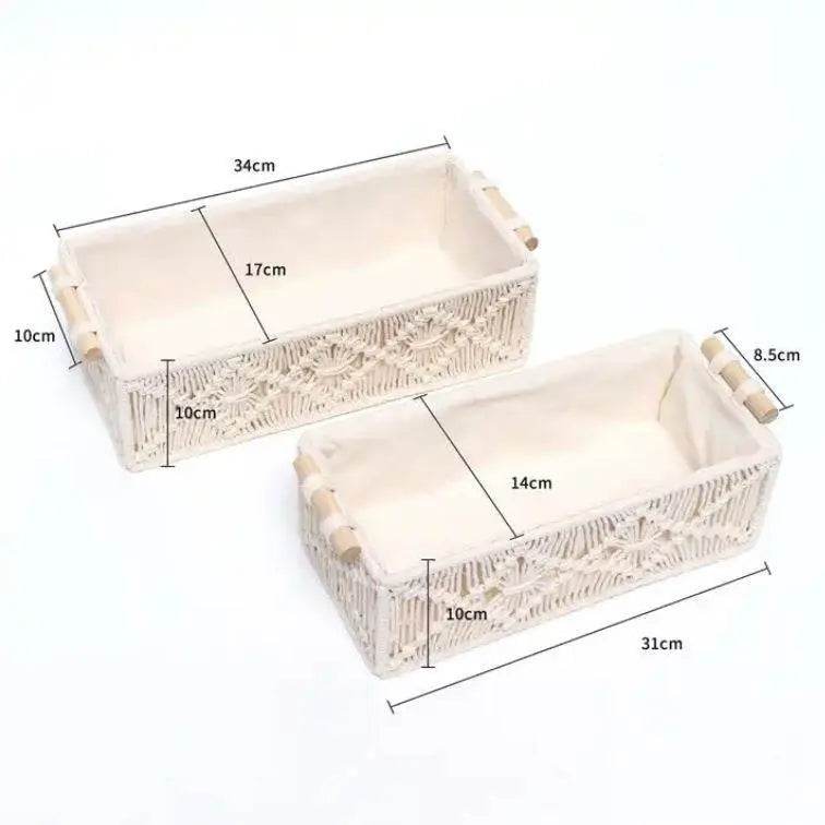 Set of 2 Macrame Storage Baskets – Woven Cotton Rope Organisers Storage Basket with Wooden Handles - FOUR CORNERS