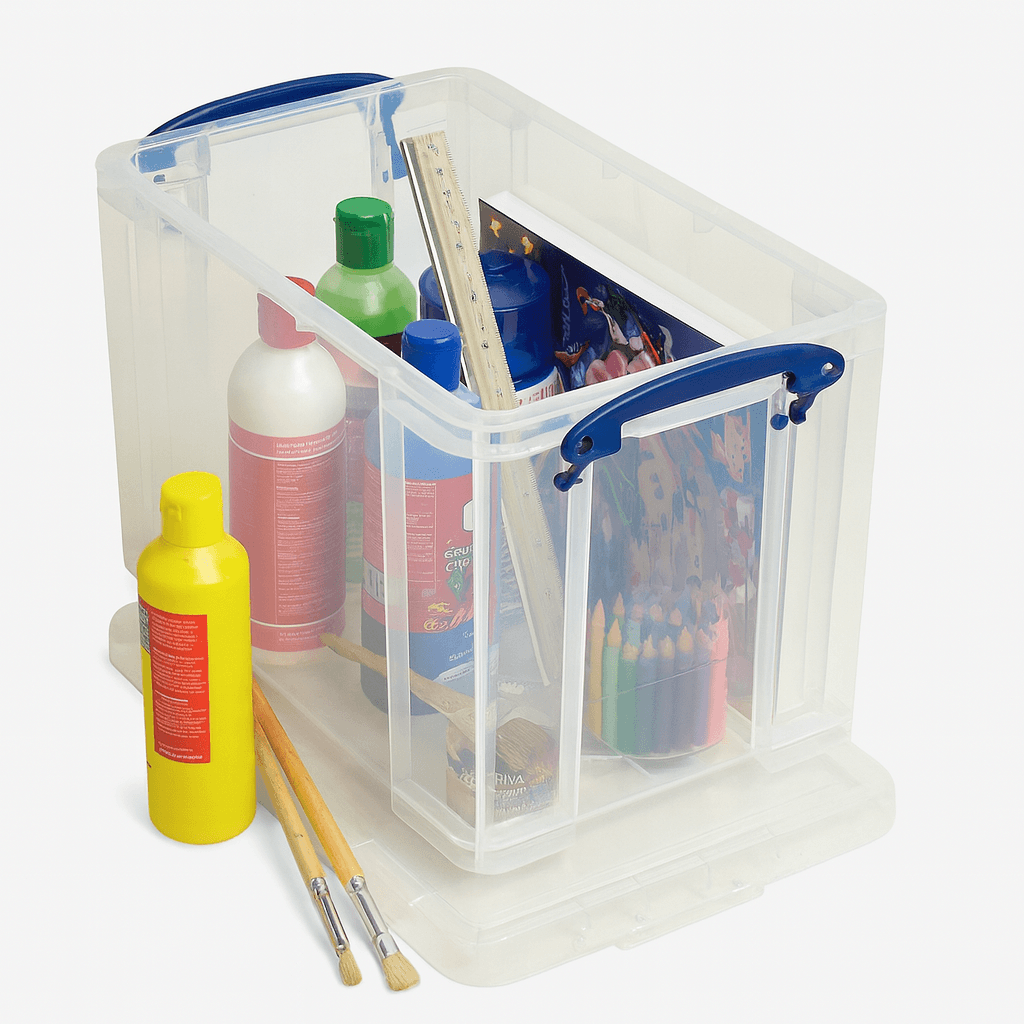 Really Useful Box 19 Litre Clear storage box with art supplies including bottles, pencils, and a ruler on a white background