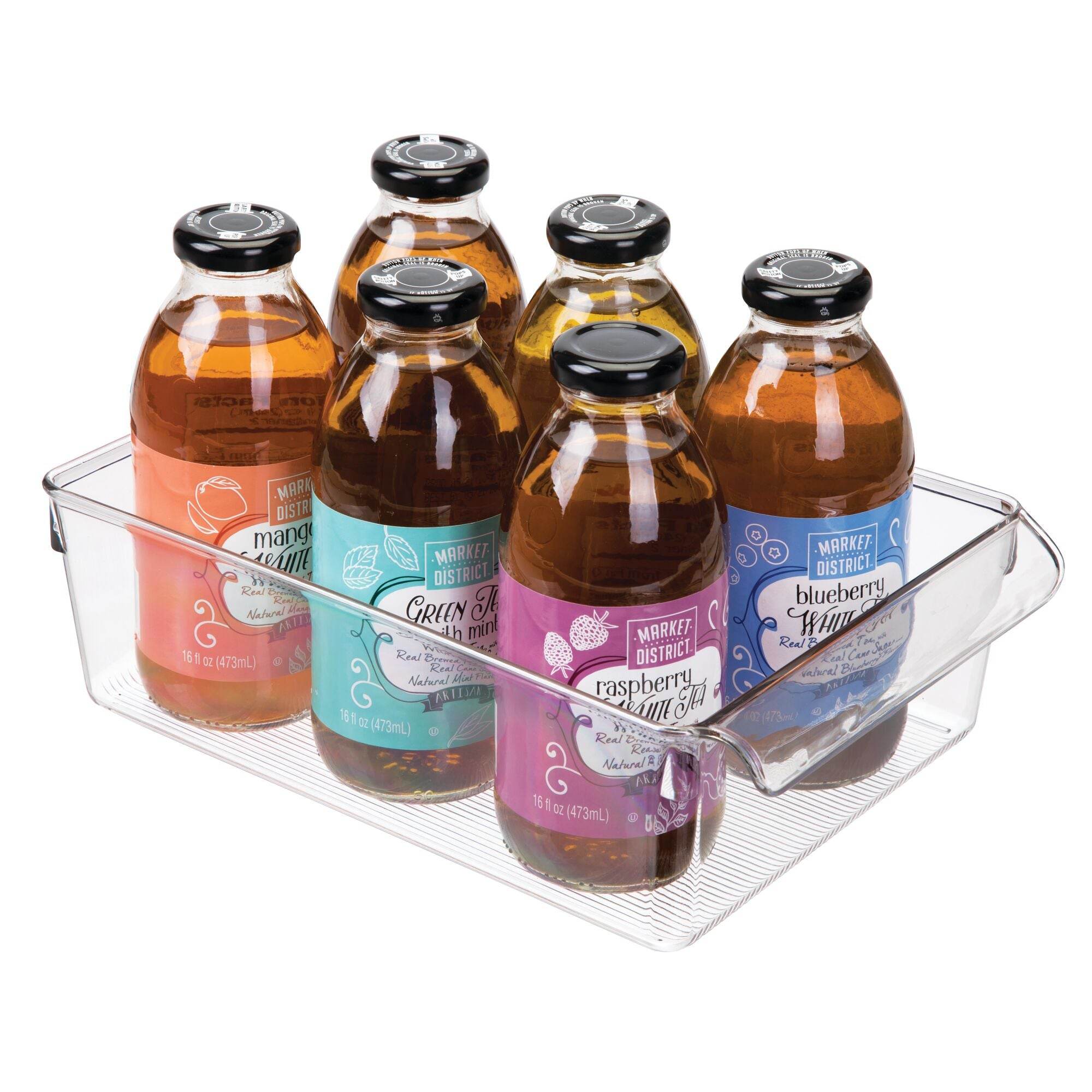 Clear plastic tray with six bottles of different flavors on a white background