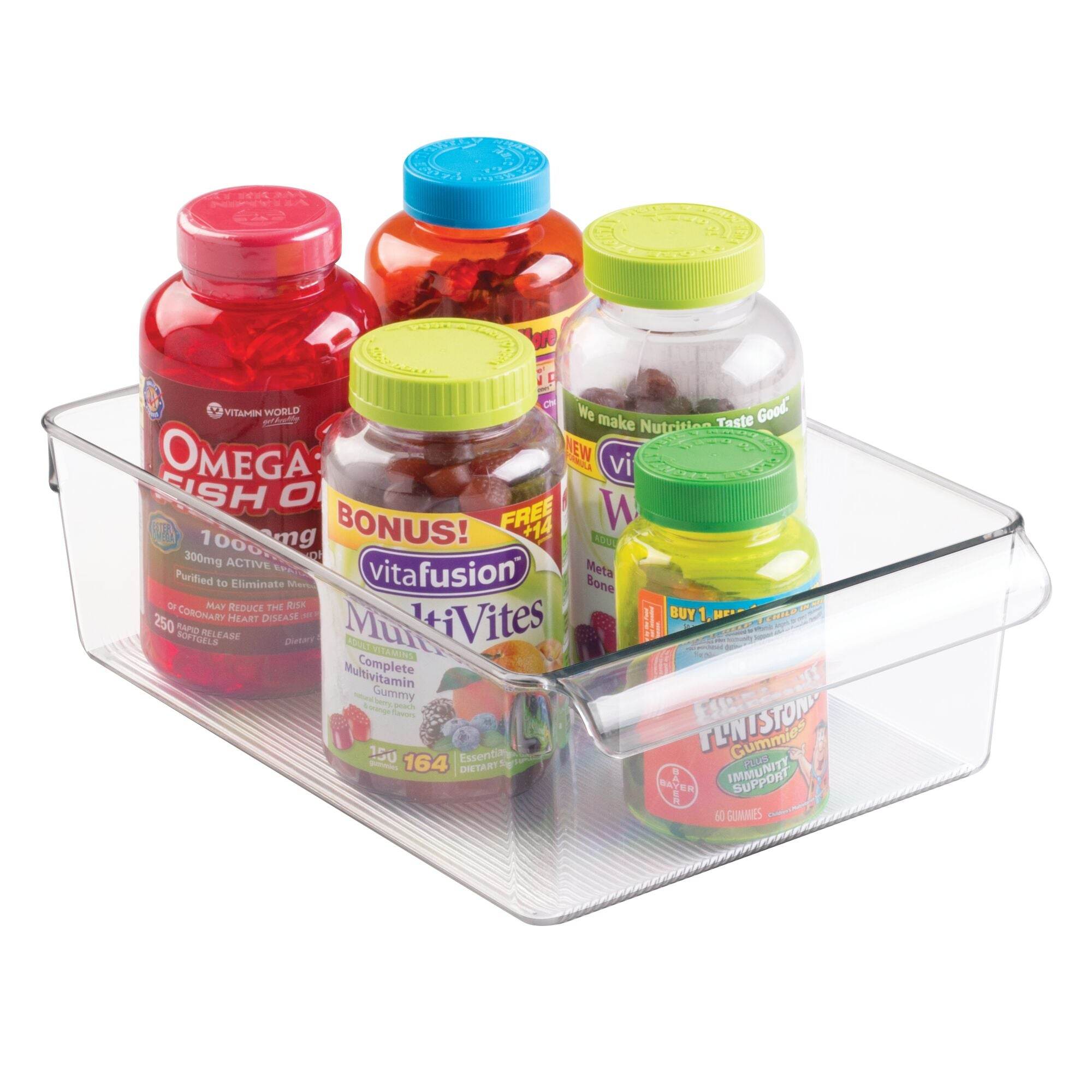 Clear plastic organizer with various supplement bottles on a white background