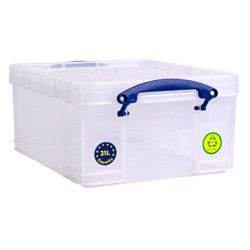 Clear storage box with blue handles on a white background