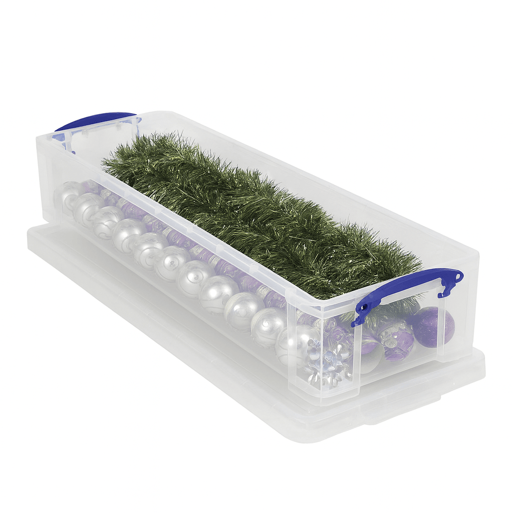 Really Useful Box 22 Litre Clear storage box with green decorative garland and purple ornaments on a white background