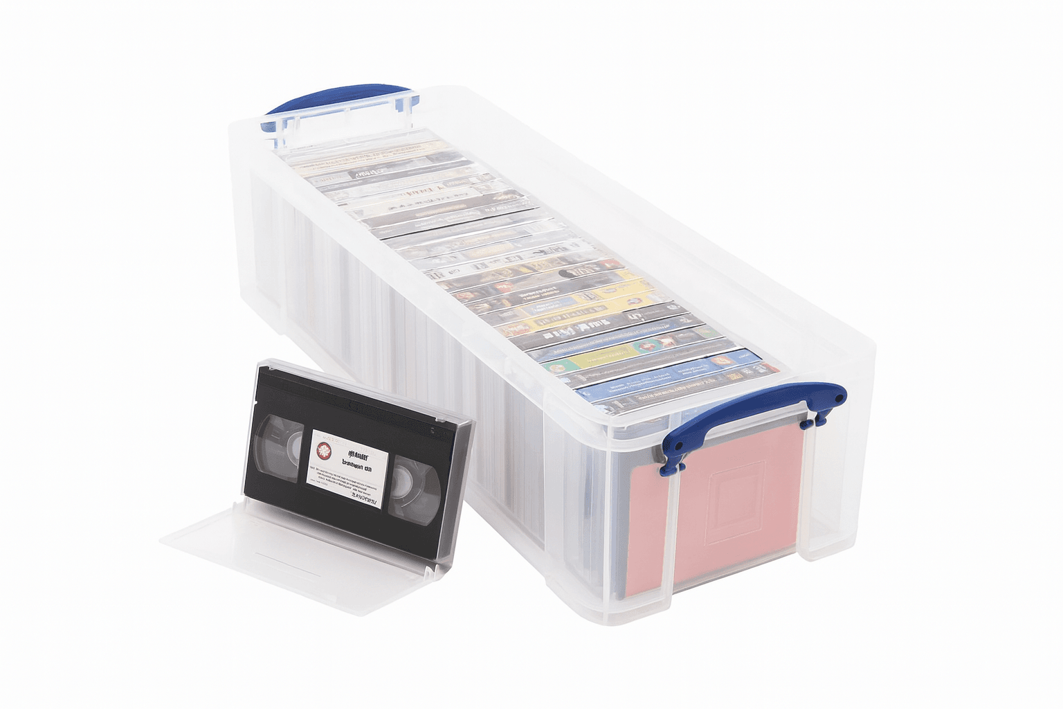 Really Useful Box 22 Litre Storage box with VHS tapes and photo albums on a white background