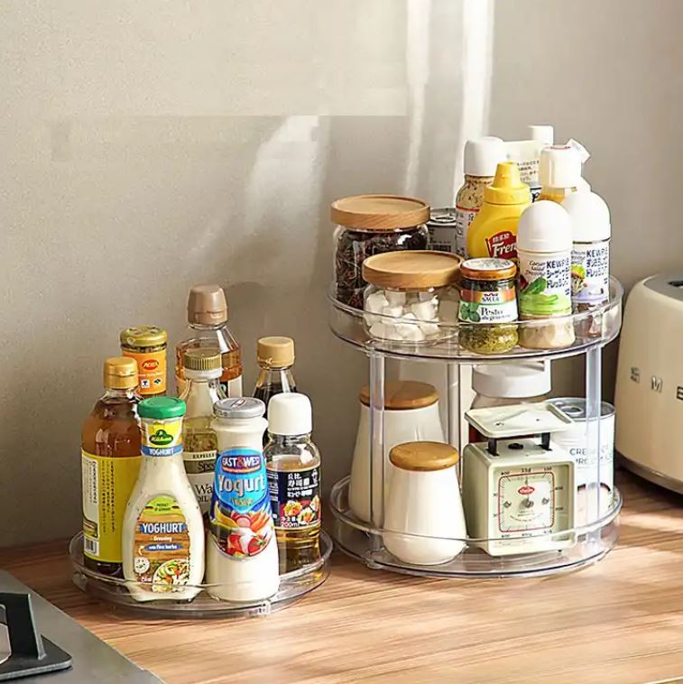 2 tier plastic turntable with spices and condiments
