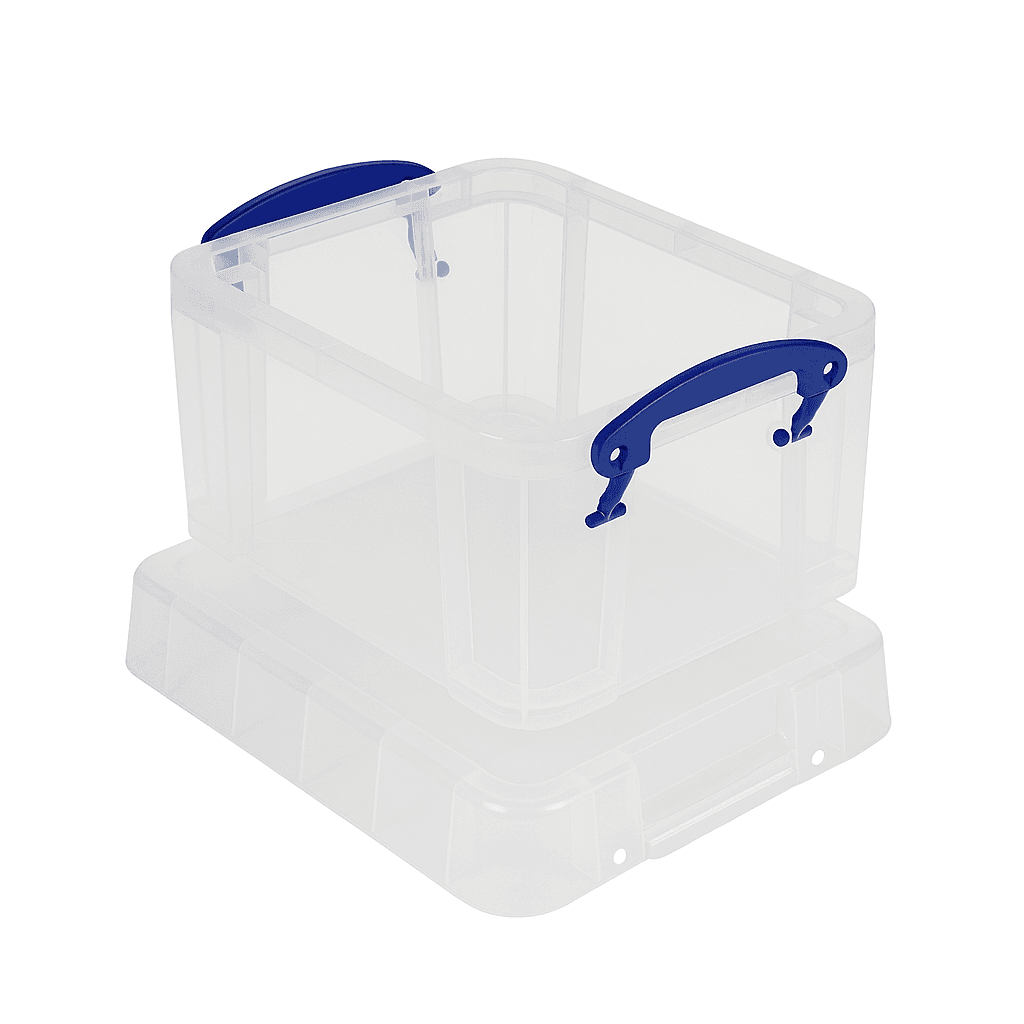 Clear plastic container with blue handles on a white background