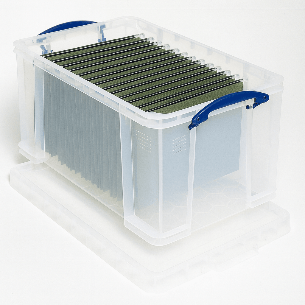 48 Litre Really Useful Box Clear storage box with green folders inside on a white background
