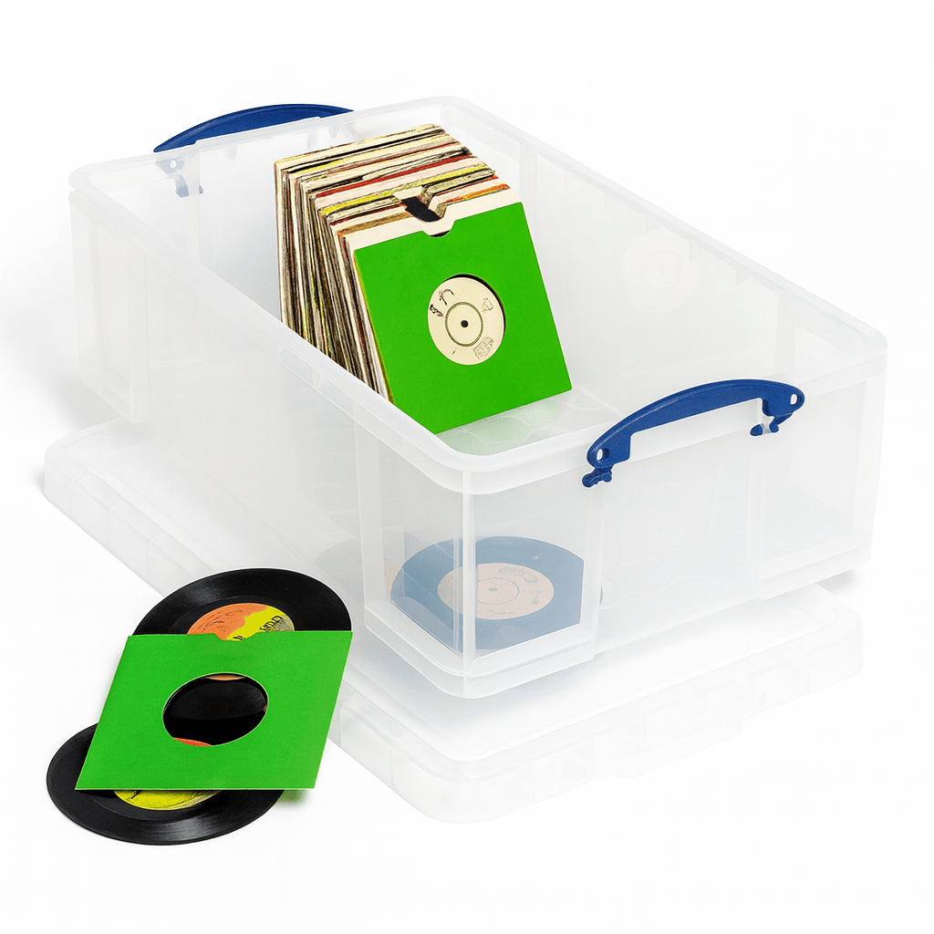 Really Useful Box 50 Litre Clear storage box with vinyl records and green covers on a white background