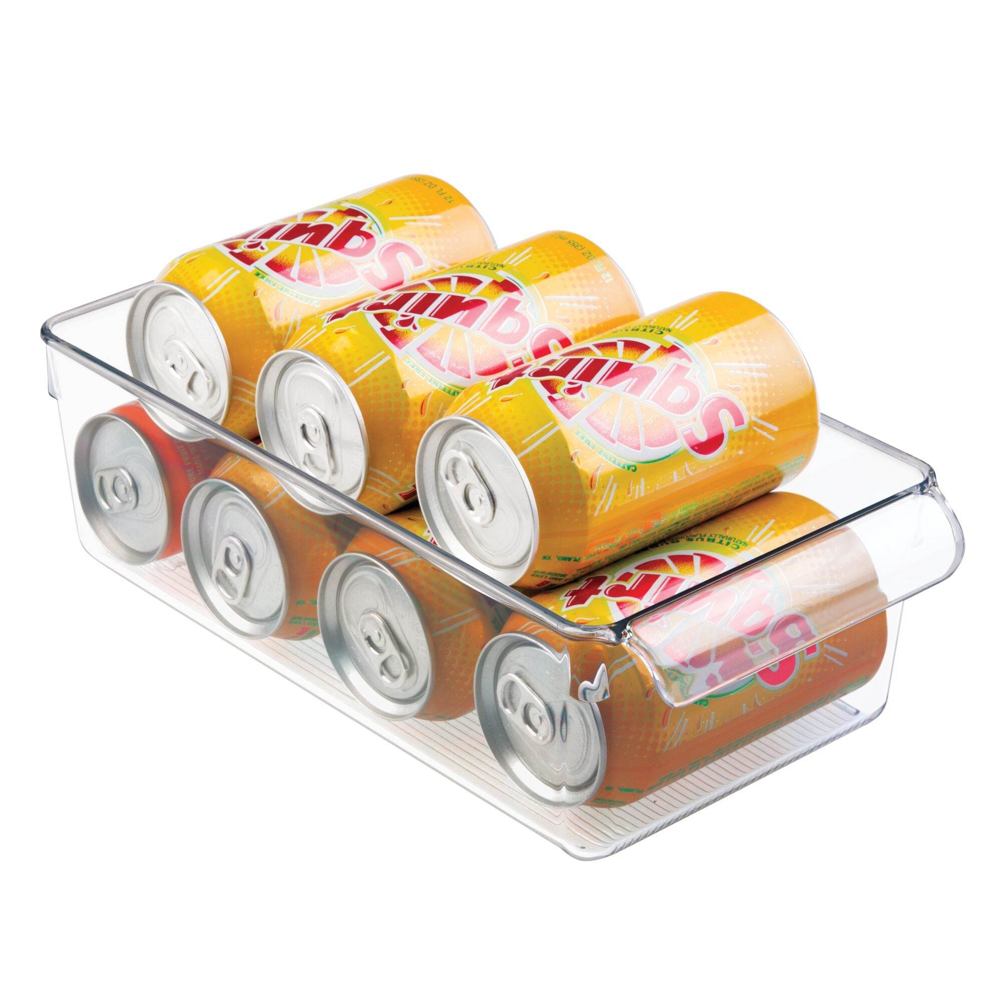 Clear can organizer with Fanta orange soda cans on a white background