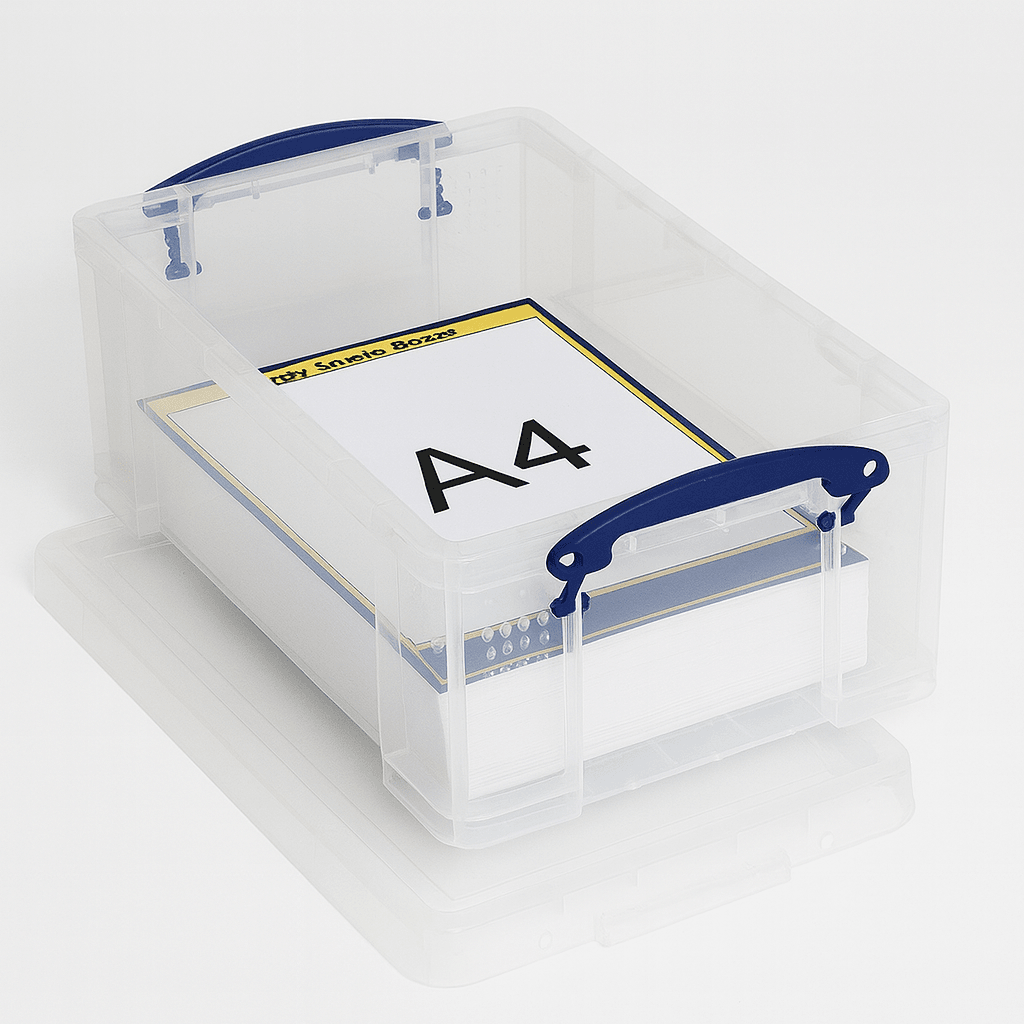 9 Litre Really Useful Box Clear photo storage box with blue handles and 'A4' label on a white background