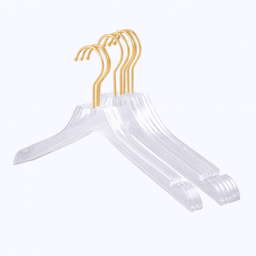 Clear Acrylic hangers with gold hooks on a white background