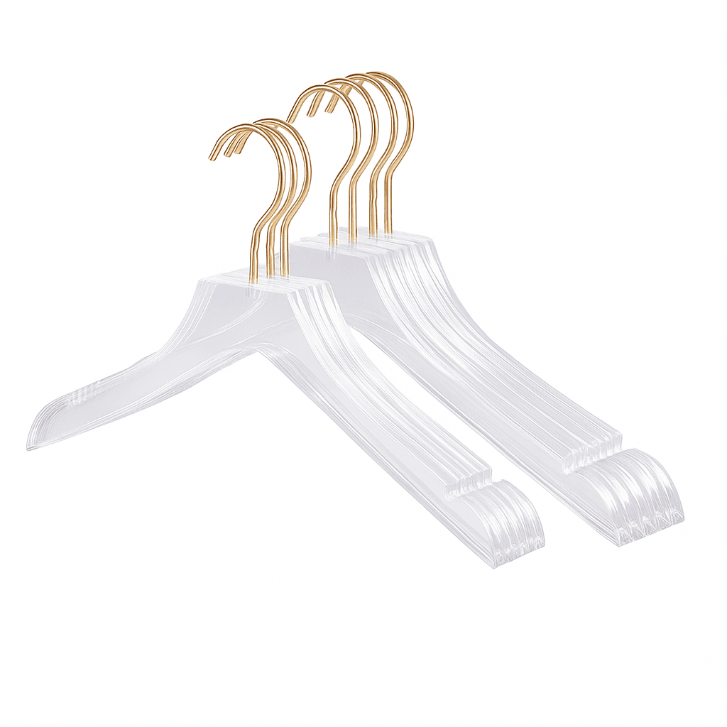 Clear Acrylic hangers with gold hooks on a white background