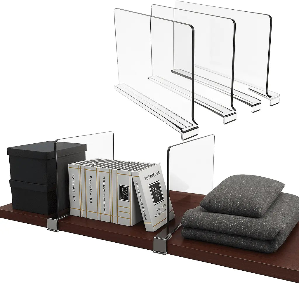 Clear acrylic shelf dividers on a wooden shelf with books and a box.