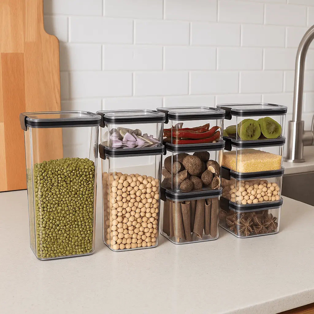 Set of clear storage containers with black lids on a kitchen counter.