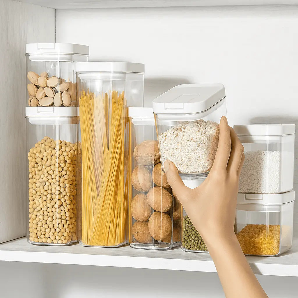 Hand reaching into a set of clear storage containers filled with various foods on a kitchen shelf.