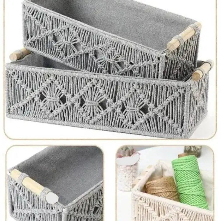 Set of 2 Macrame Storage Baskets – Woven Cotton Rope Organisers  Storage Basket with Wooden Handles