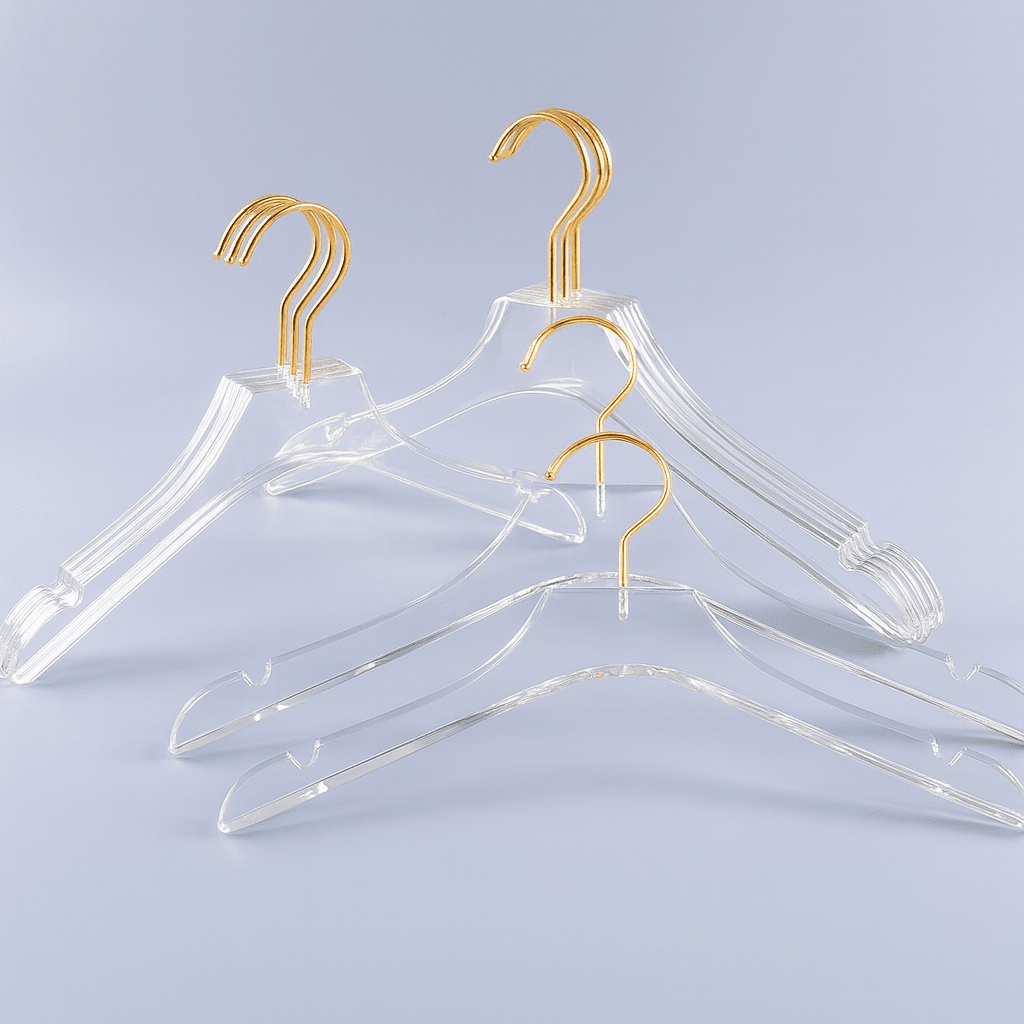 Clear hangers with gold hooks on a light purple background