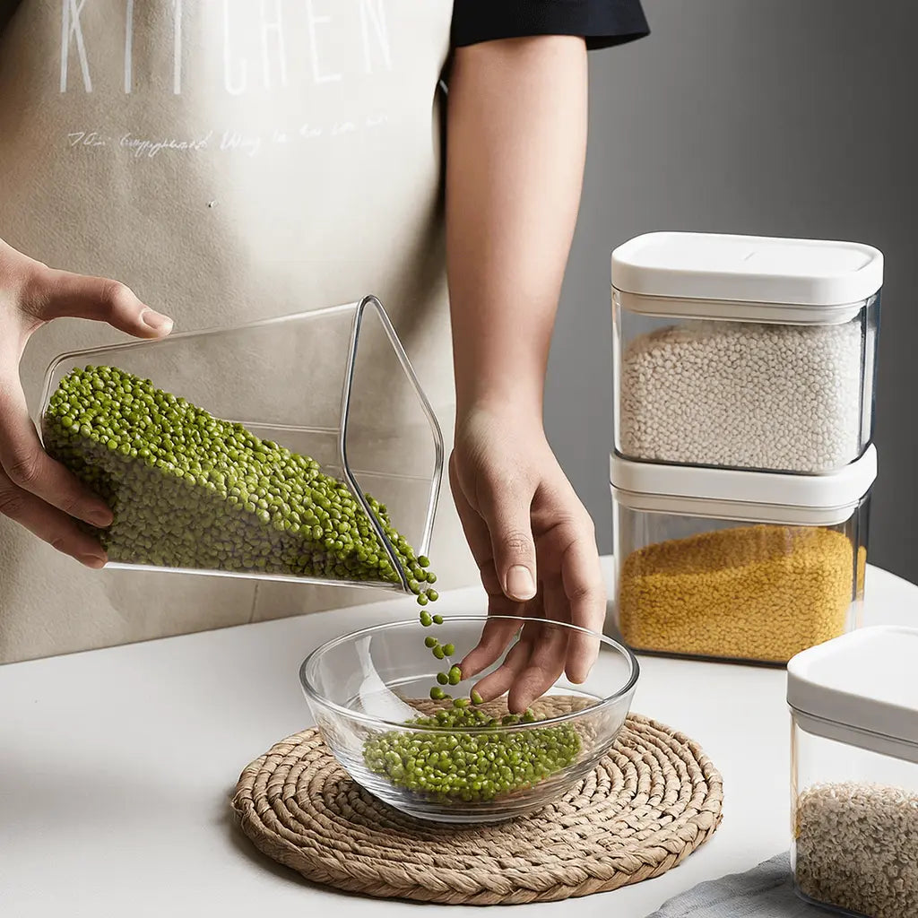 Person transferring green beans from a transparent container into a glass bowl, with storage containers in the background.