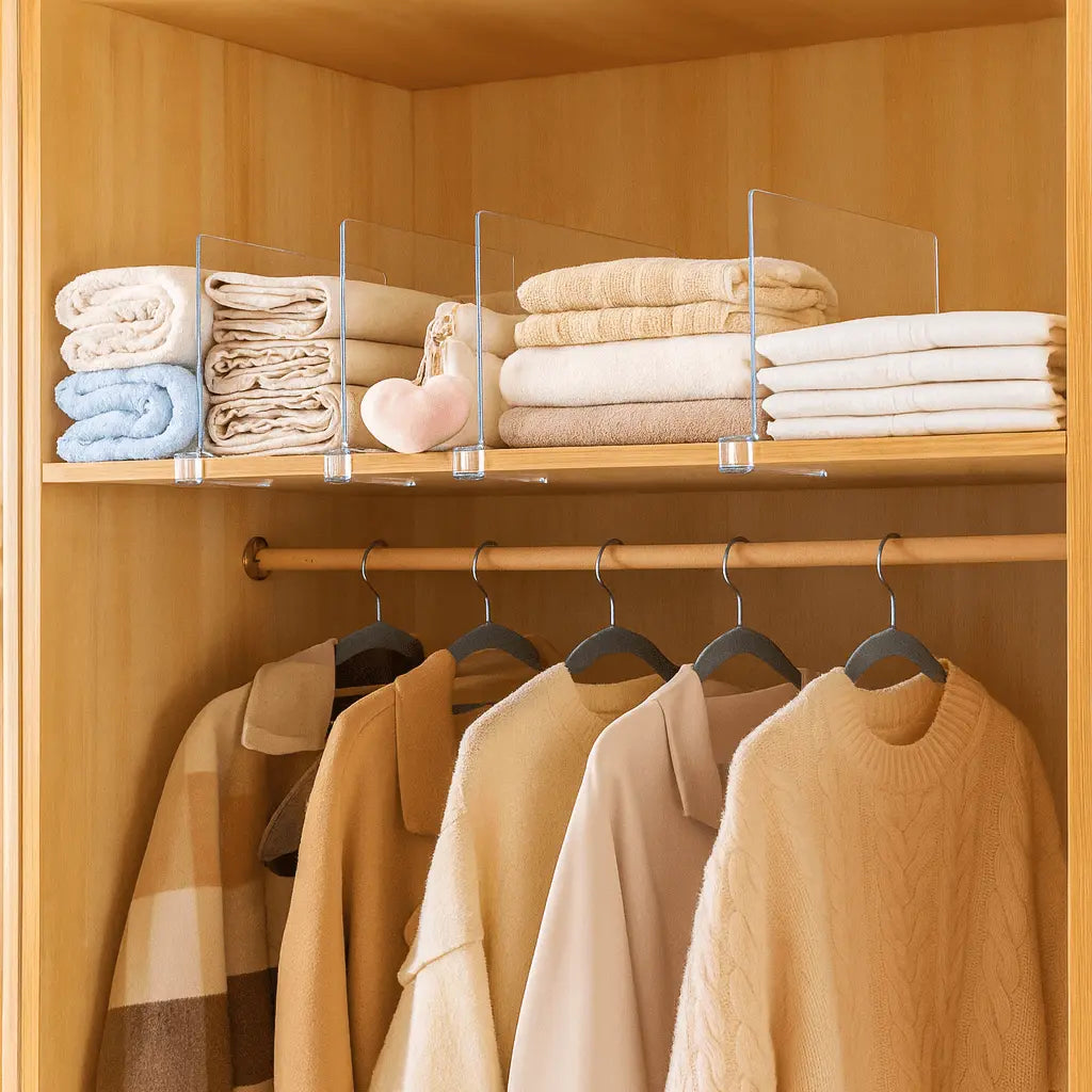 Closet with wooden shelves and clothes on hangers