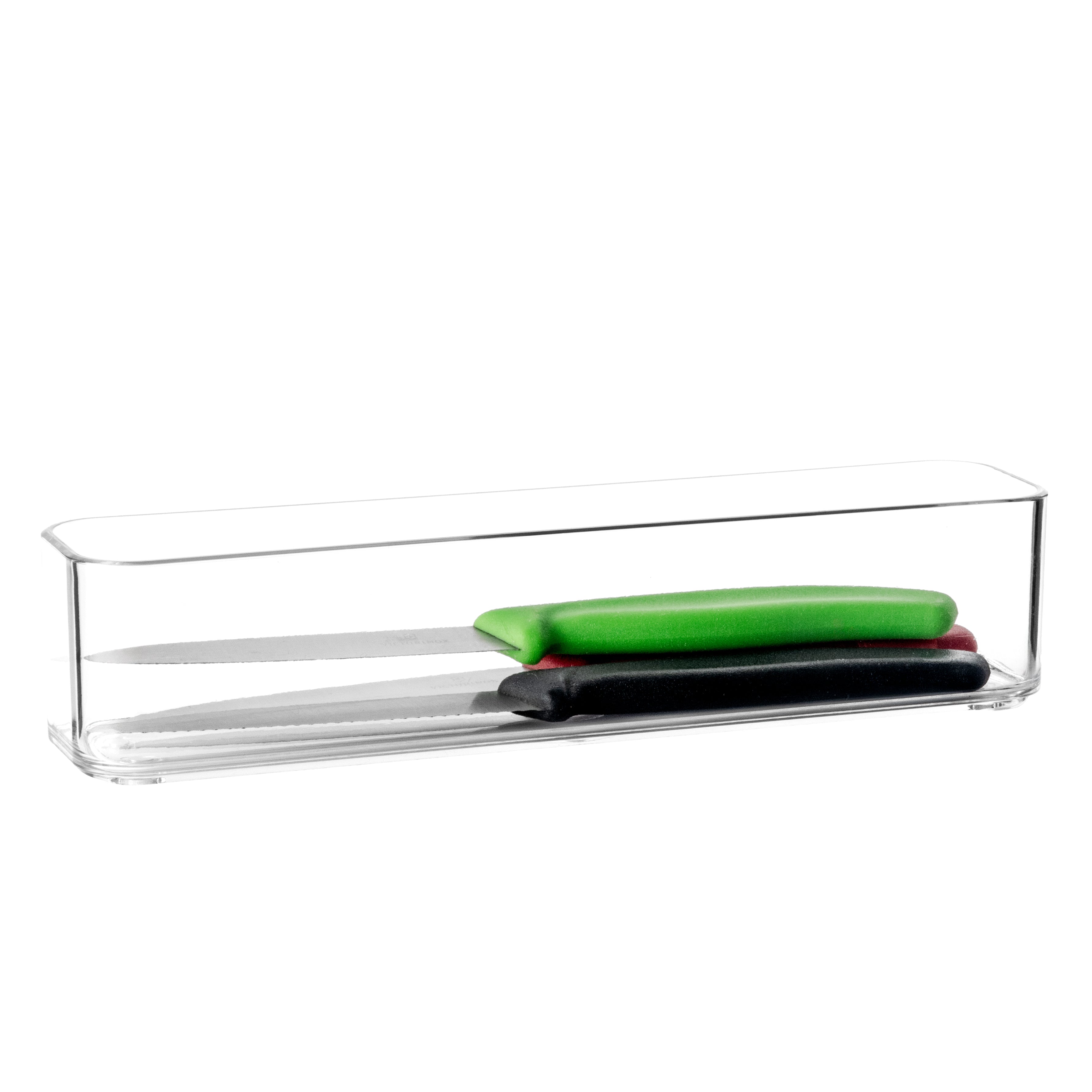 Clear drawer organiser with green and black knives on a white background